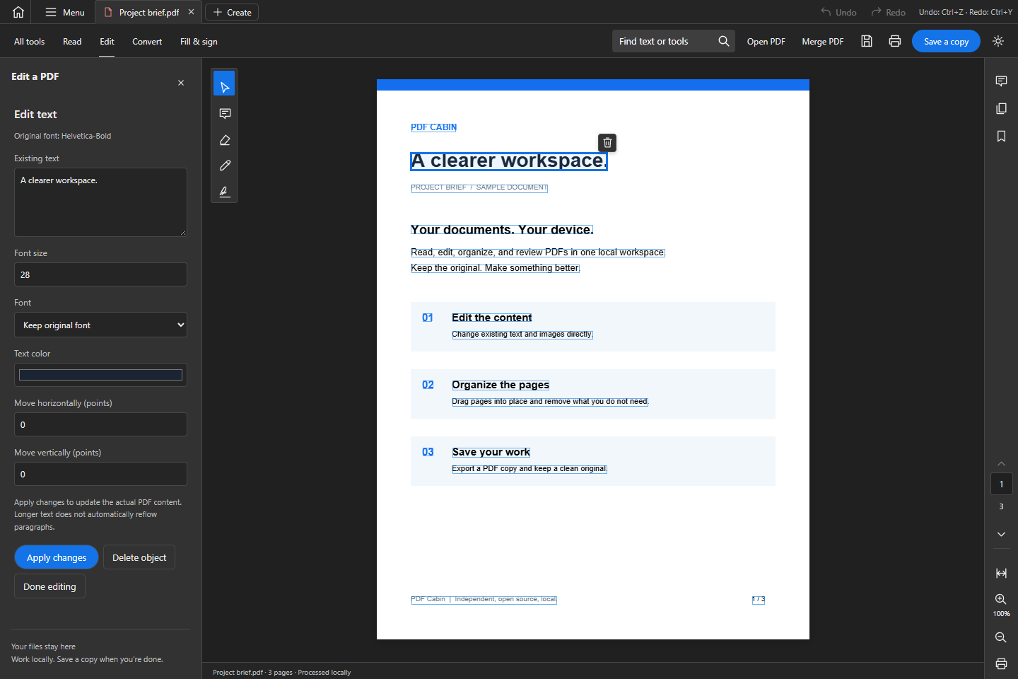 PDF Cabin editing a sample project brief, with a text selection and editing controls.